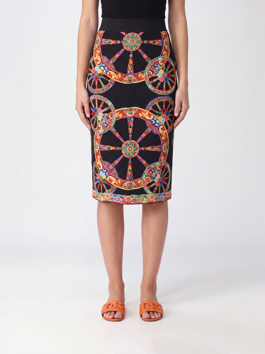 DOLCE & GABBANA Carretto Siciliano Print Silk-Blend Pencil Midi Skirt