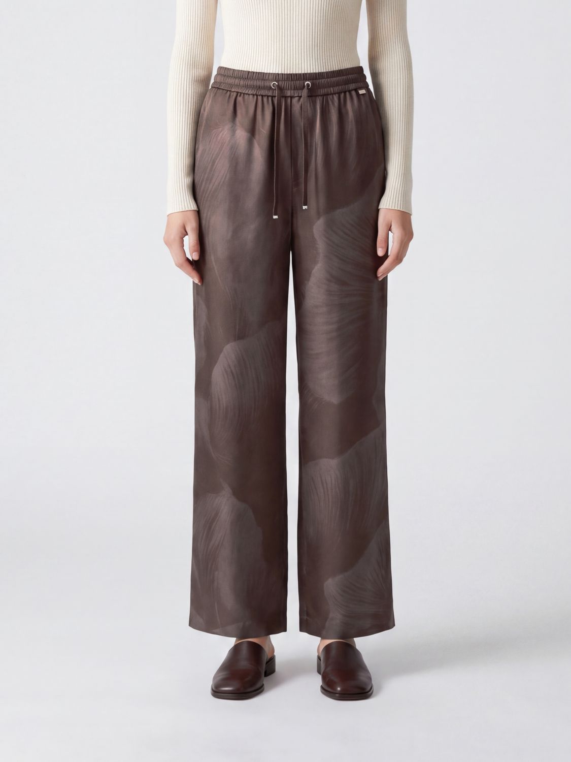 HERNO Floral Print Silk Straight-Leg Trousers with Drawstring Waist