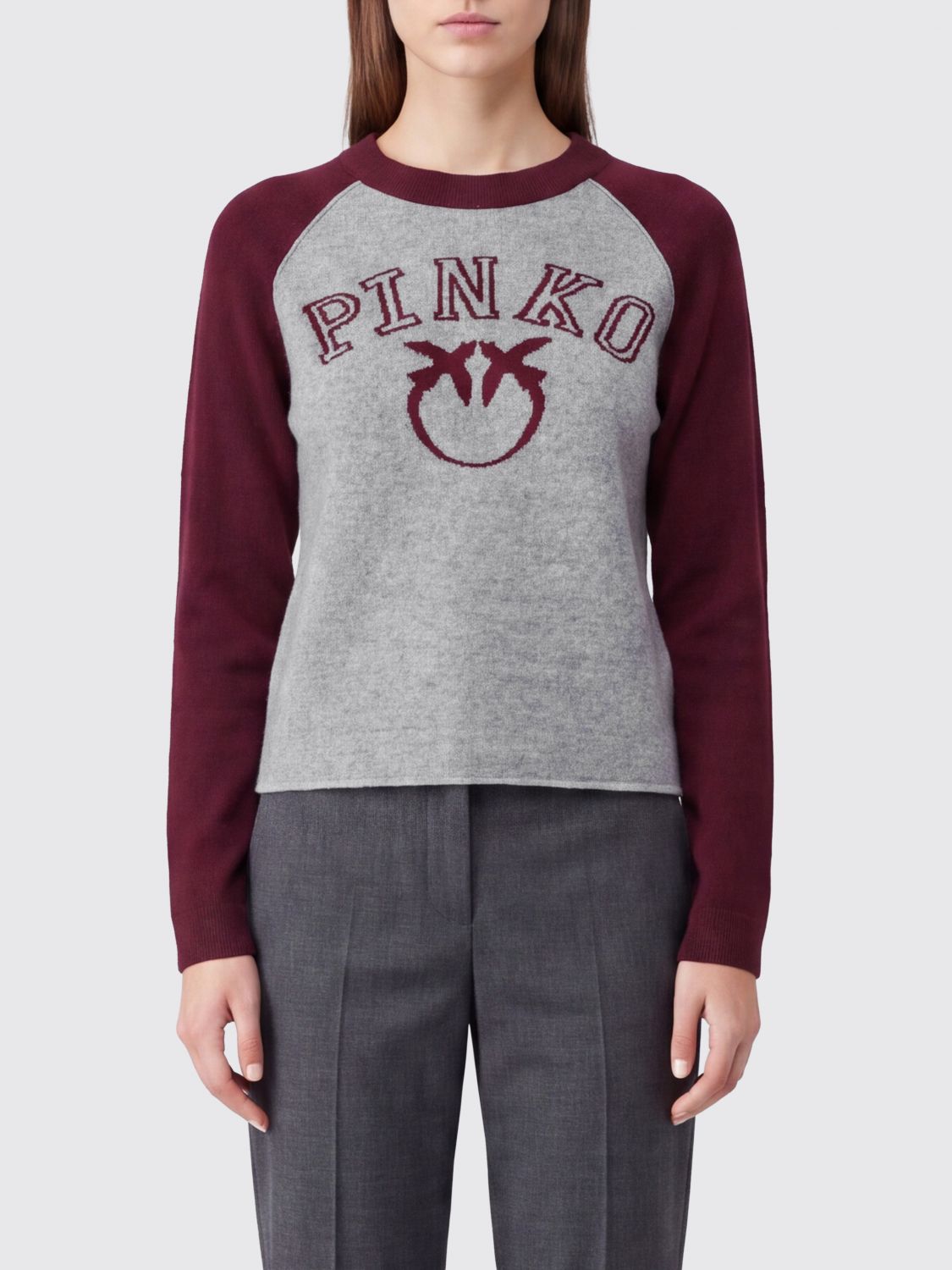 PINKO Slim Fit Wool and Cashmere Crewneck Jumper with Love Birds Logo