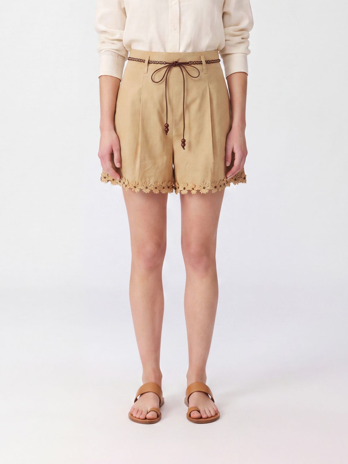 ZIMMERMANN High-Waisted Embroidered Cotton Shorts with Leather Belt