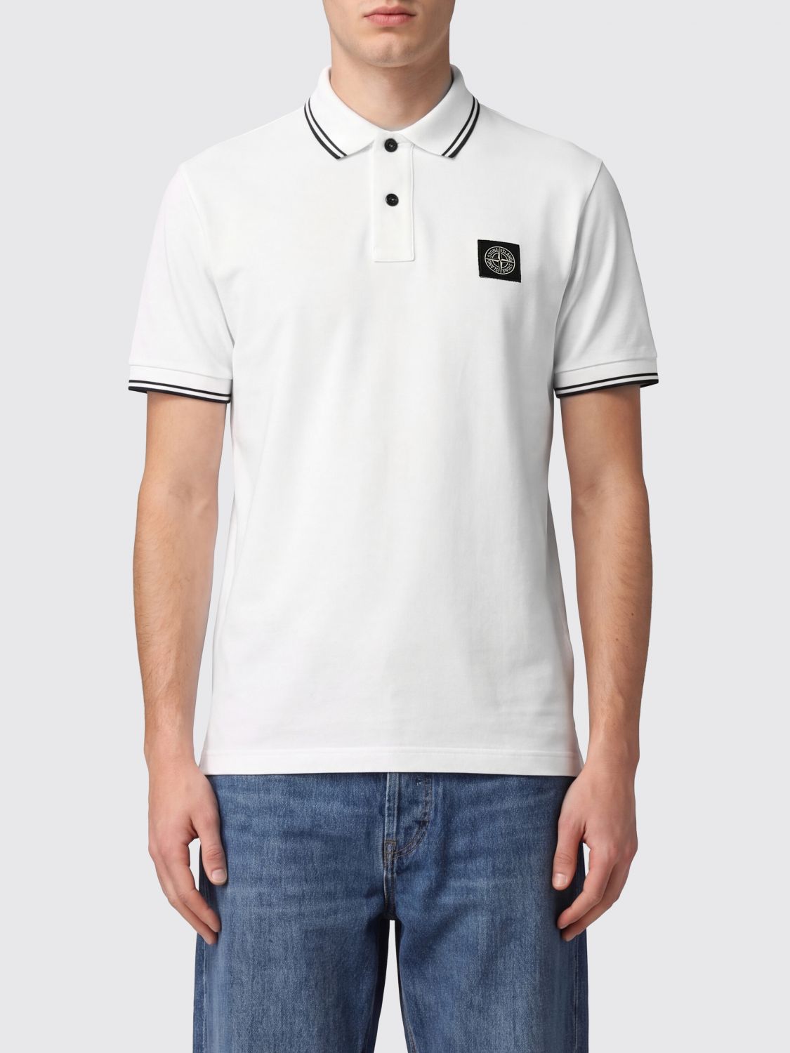 STONE ISLAND Baumwoll-Poloshirt mit Kompass-Logo und kontrastierendem Streifenkragen