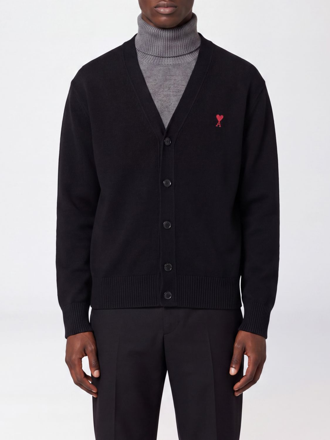 AMI PARIS Woll-Cardigan mit V-Ausschnitt und kontrastierender Logo-Stickerei