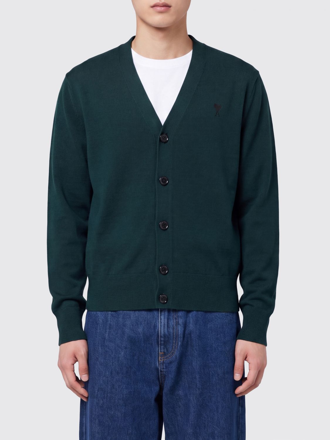 AMI PARIS Cardigan in lana con scollo a V e logo ricamato a contrasto