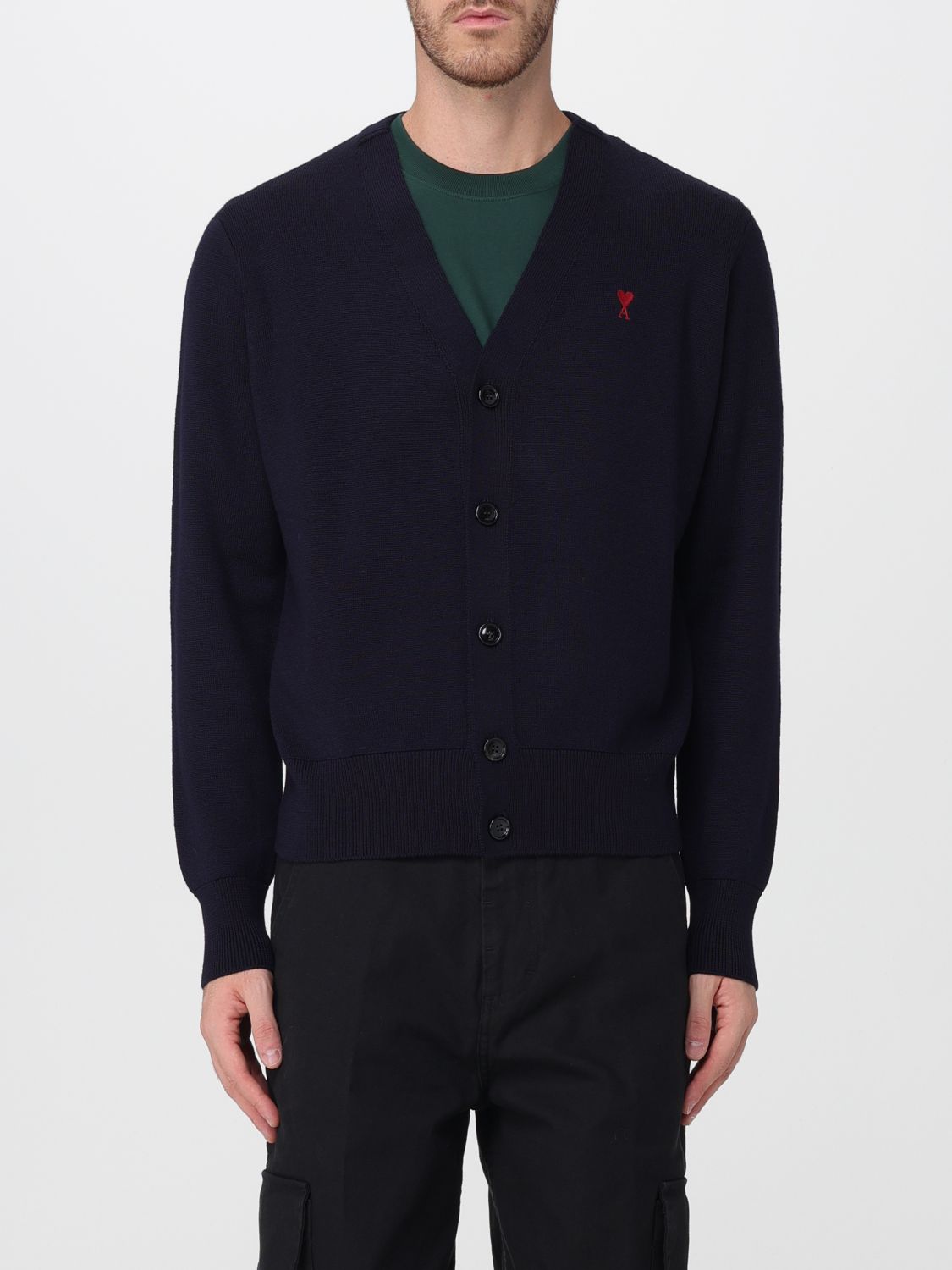 Ami Paris V-Neck Wool Cardigan with Contrast Embroidered Logo