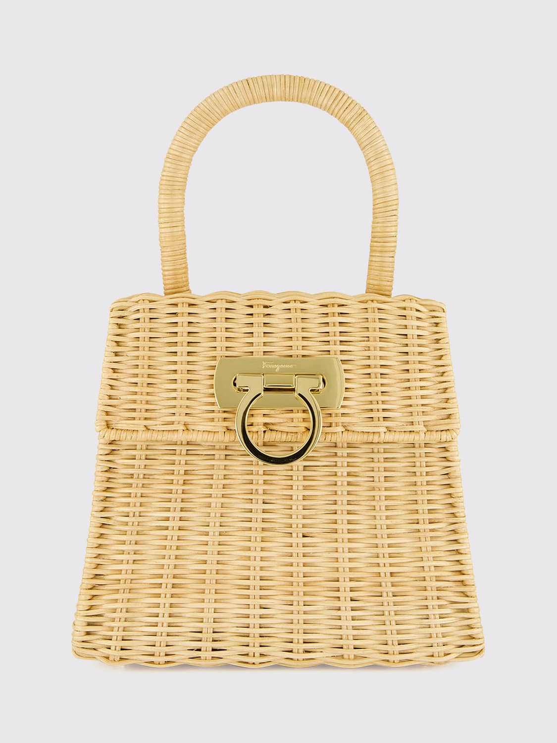 FERRAGAMO Raffia Handbag with Top Handle and Gancini Metal Clasp