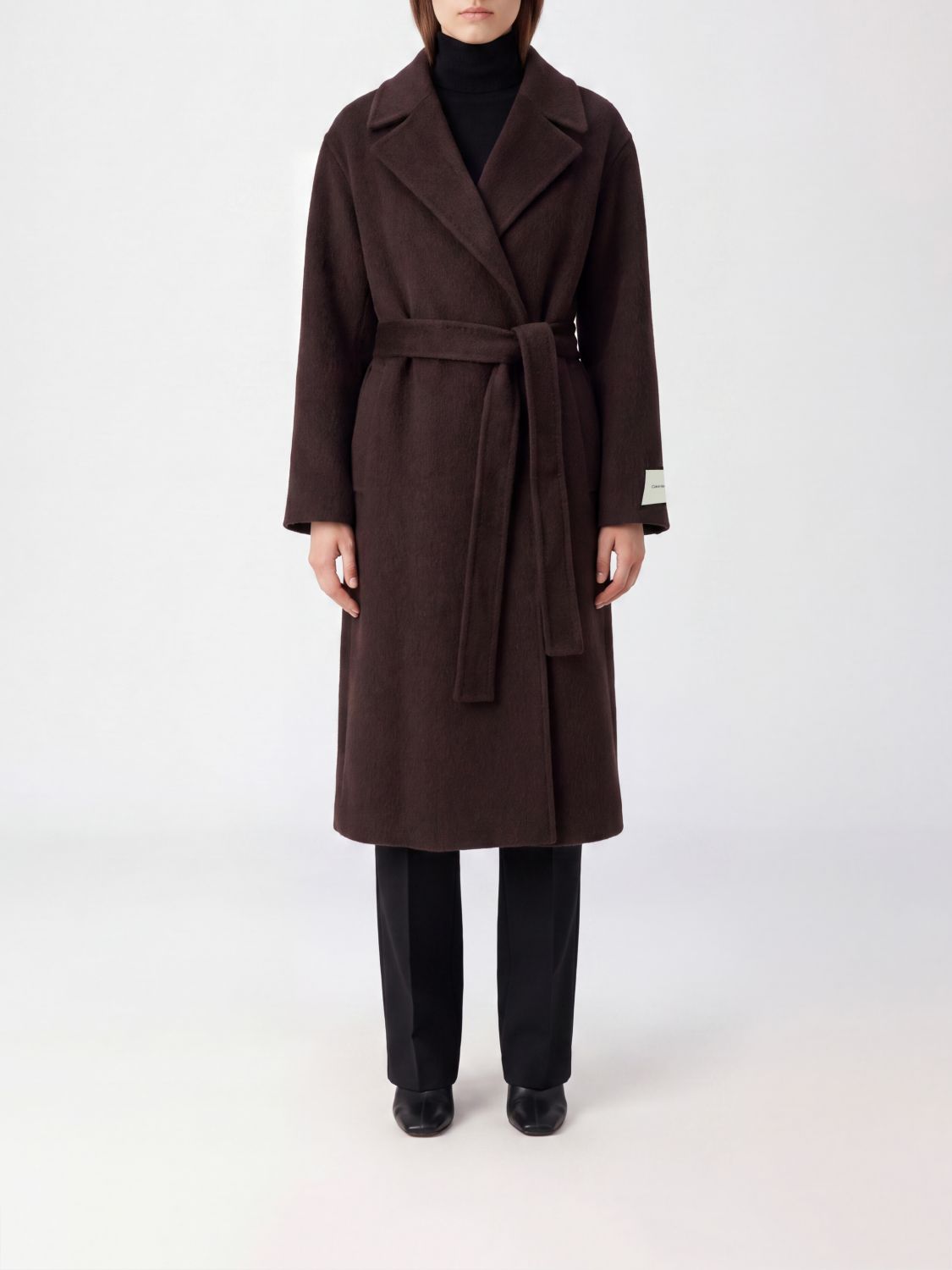 CALVIN KLEIN Knee-Length Wool-Blend Robe Coat with Waist Belt
