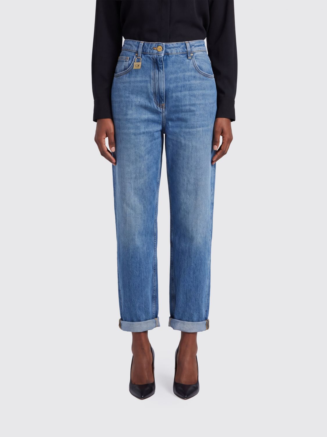 Elisabetta Franchi High-Waisted Cropped Cuffed Cotton Denim Jeans