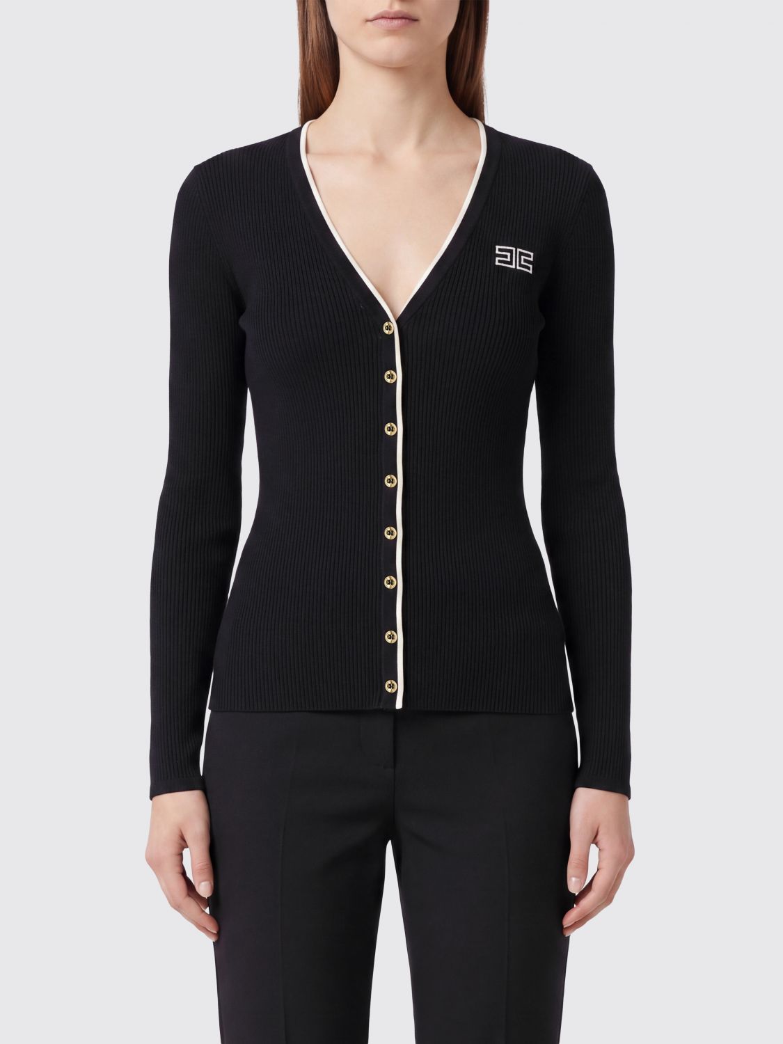 ELISABETTA FRANCHI Slim-Fit-Cardigan aus Wolle mit Kontrastbesatz und Logo