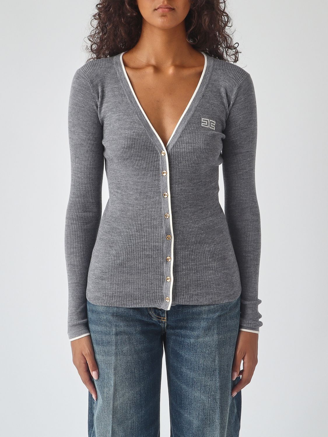 Elisabetta Franchi Slim Fit Wool Cardigan with Contrast Trim and Logo