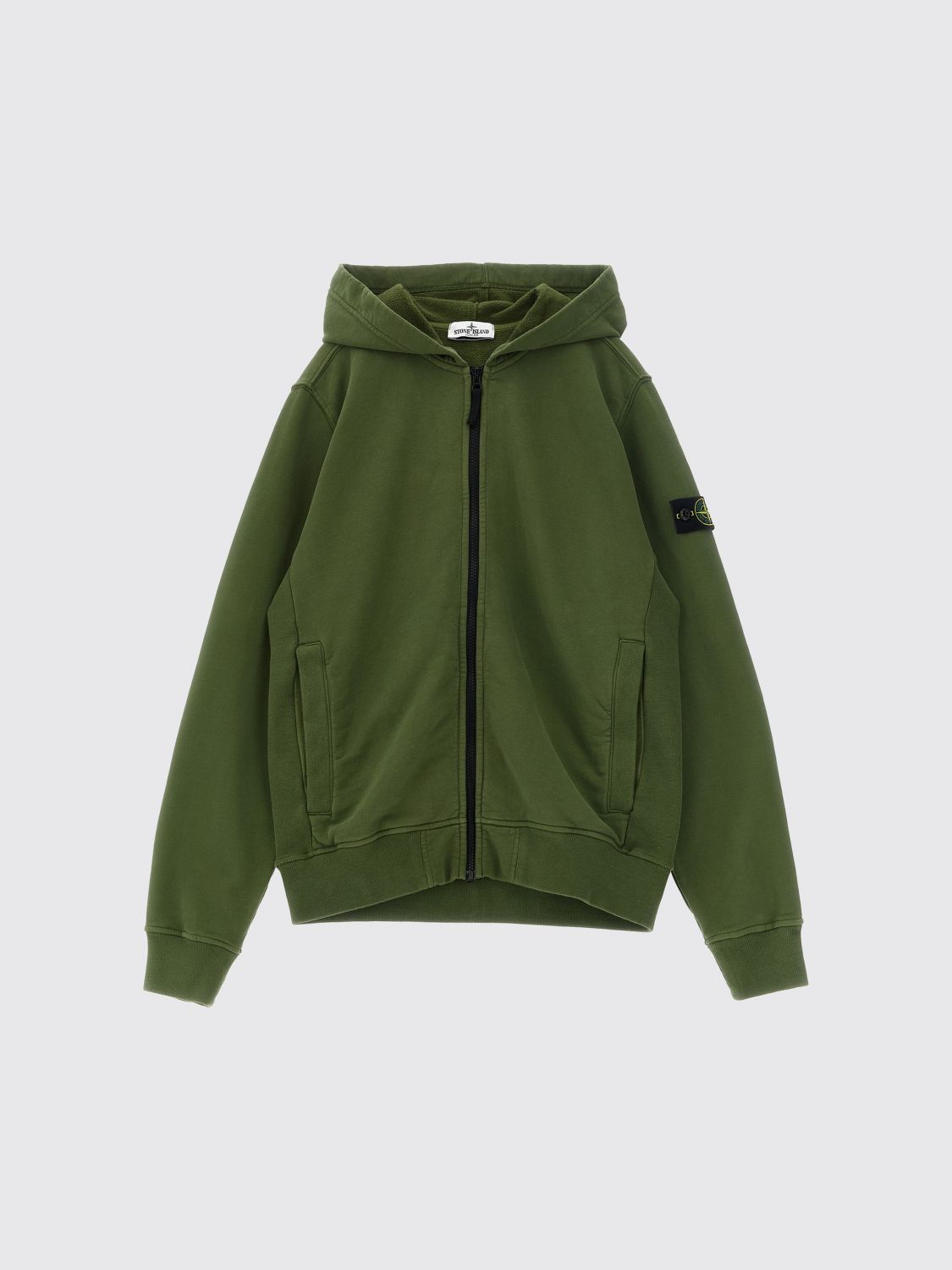 STONE ISLAND JUNIOR Felpa con zip e cappuccio da bambino in cotone con logo