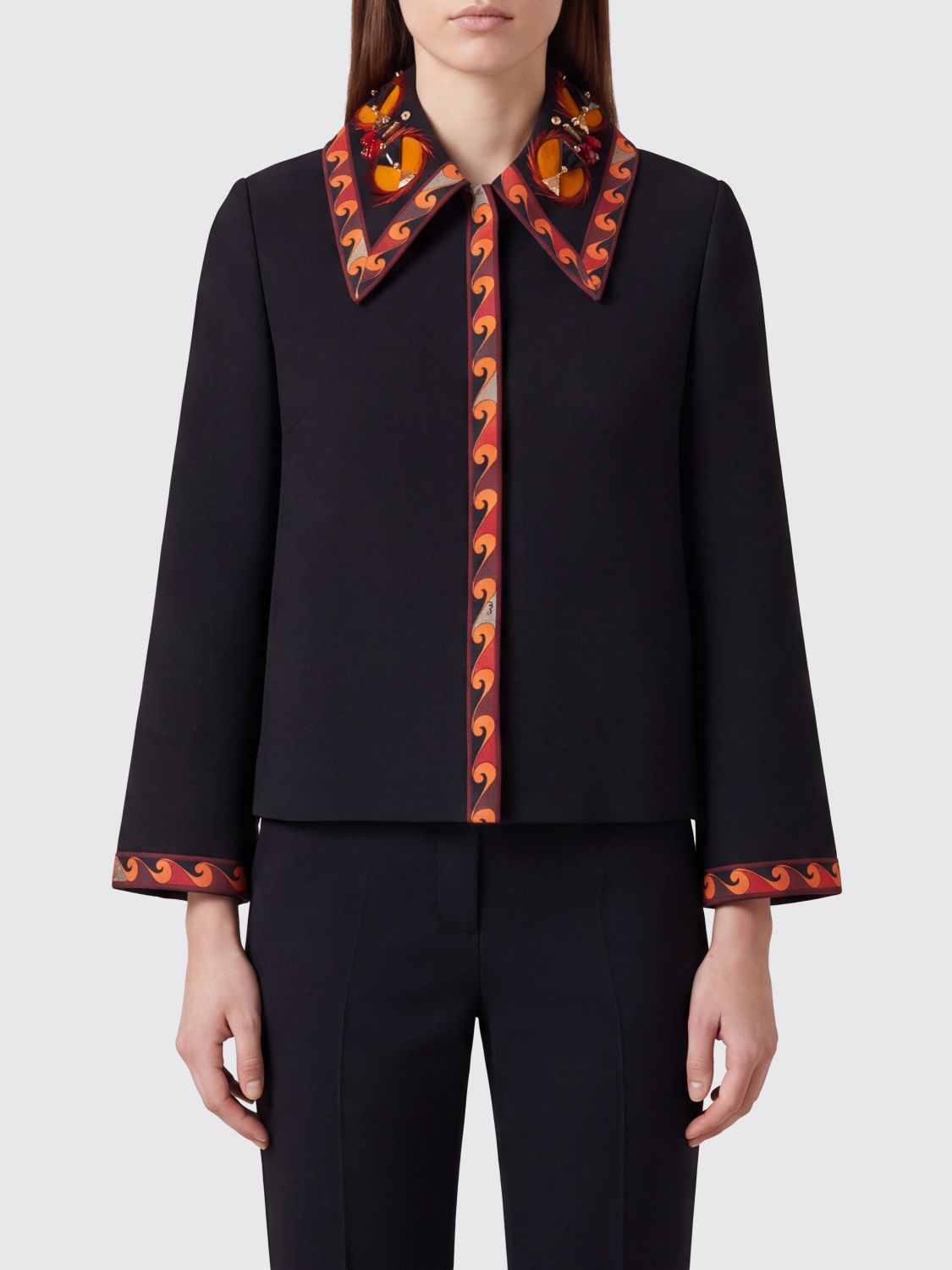 PUCCI Short Cotton Jacket with Contrasting Trims and Concealed Closure