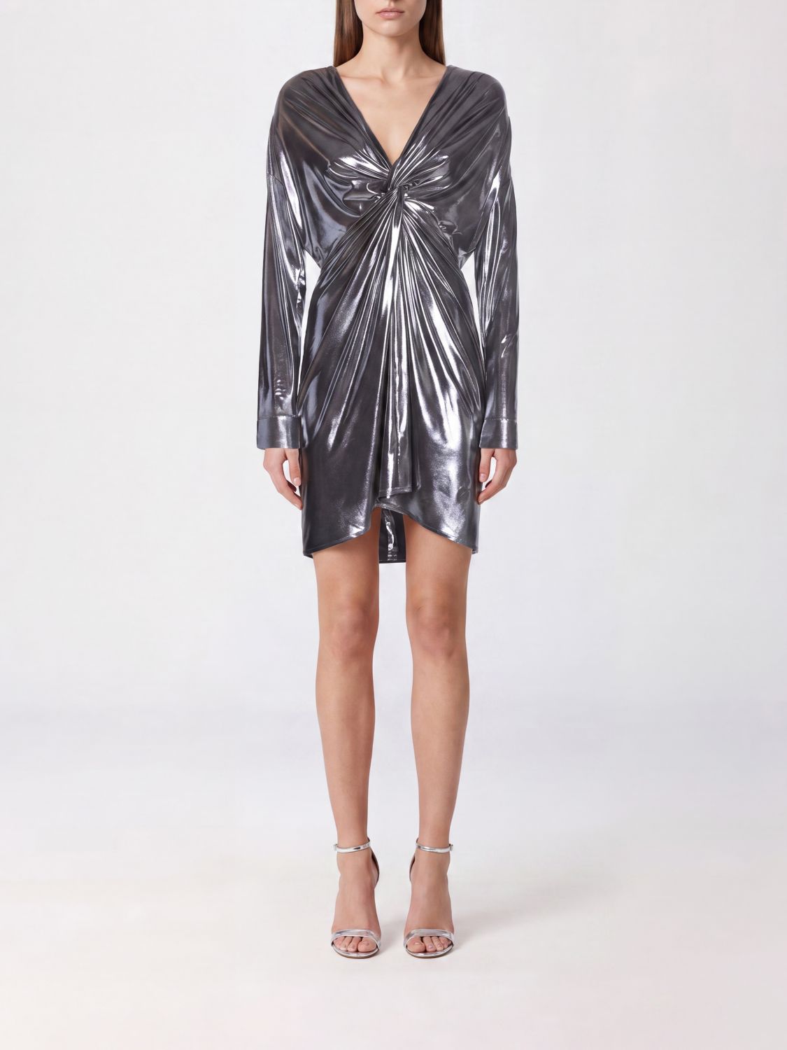 COLLINI MILANO 1937 Clarisse Lamé Jersey Mini Sheath Dress with V-Neck