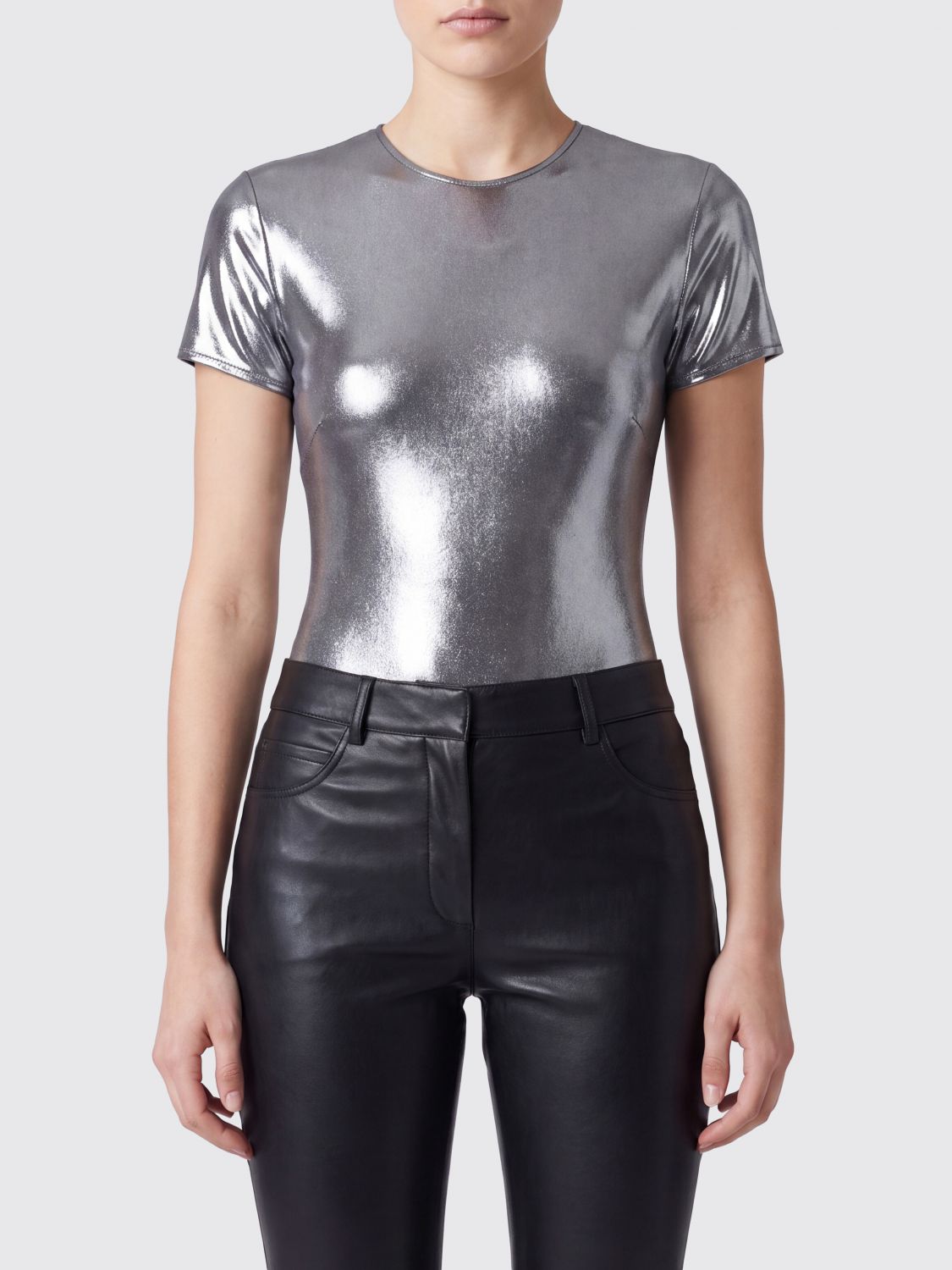 COLLINI MILANO 1937 Silver Laminated Short-Sleeved Evening Top