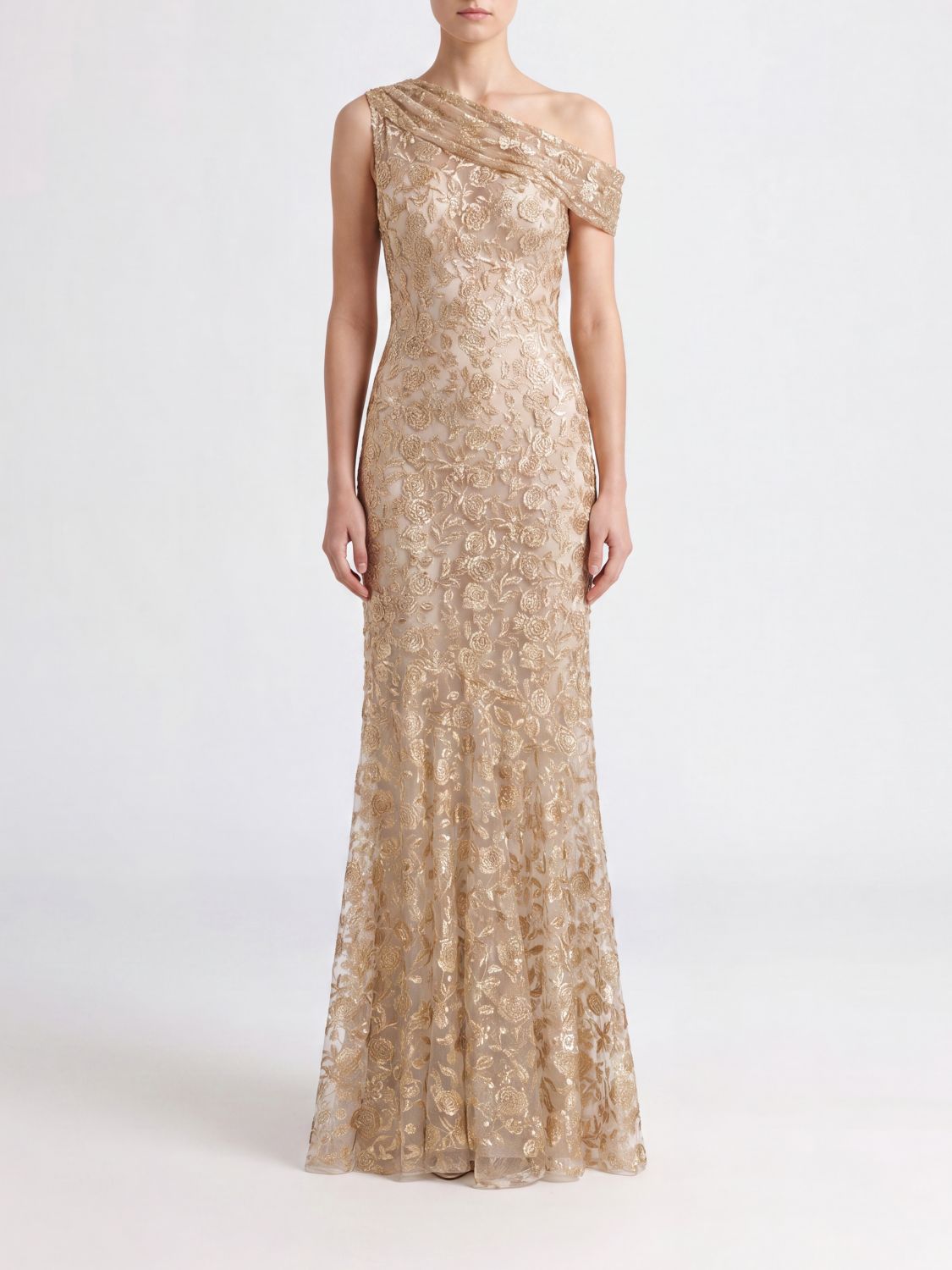 Collini Milano 1937 Anna Asymmetrical One-Shoulder Lace Long Evening Gown