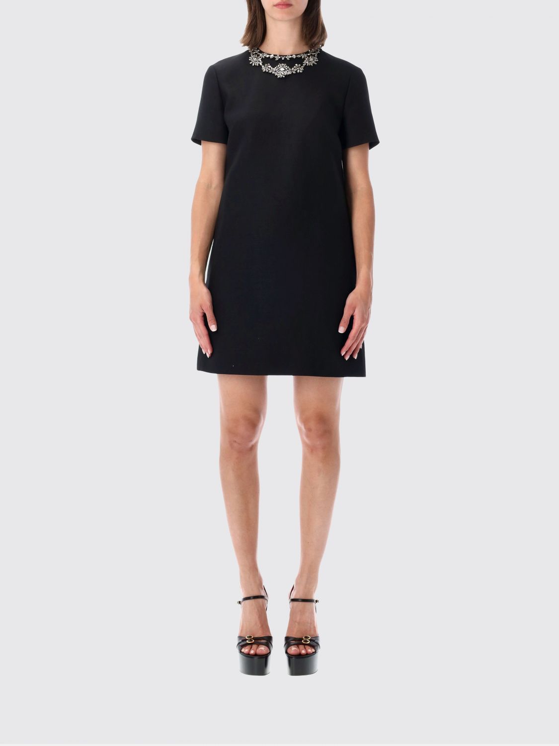 VALENTINO GARAVANI A-Line Wool and Silk Mini Dress with Jewelled Collar