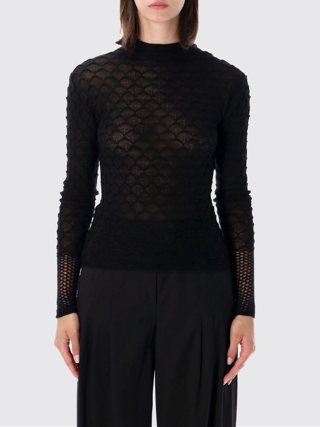 LANVIN Long-Sleeved Knit Top in Wool and Mohair with High Neck