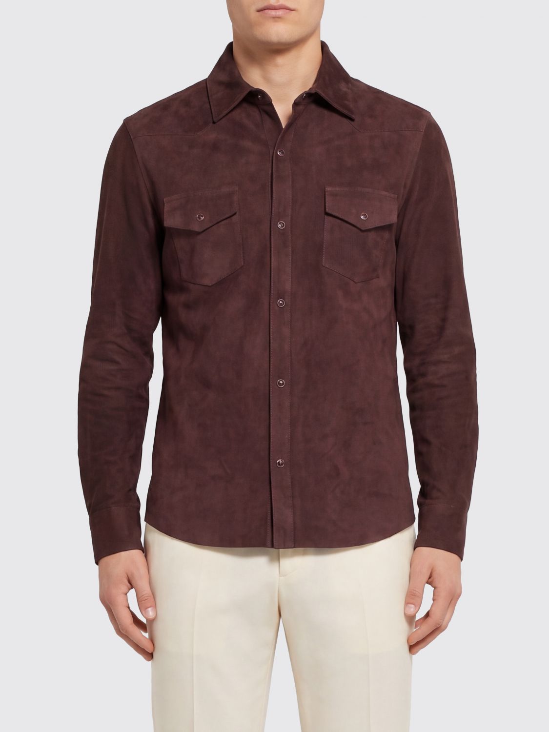 ELEVENTY Slim Fit Suede Leather Shirt with Patch Pockets