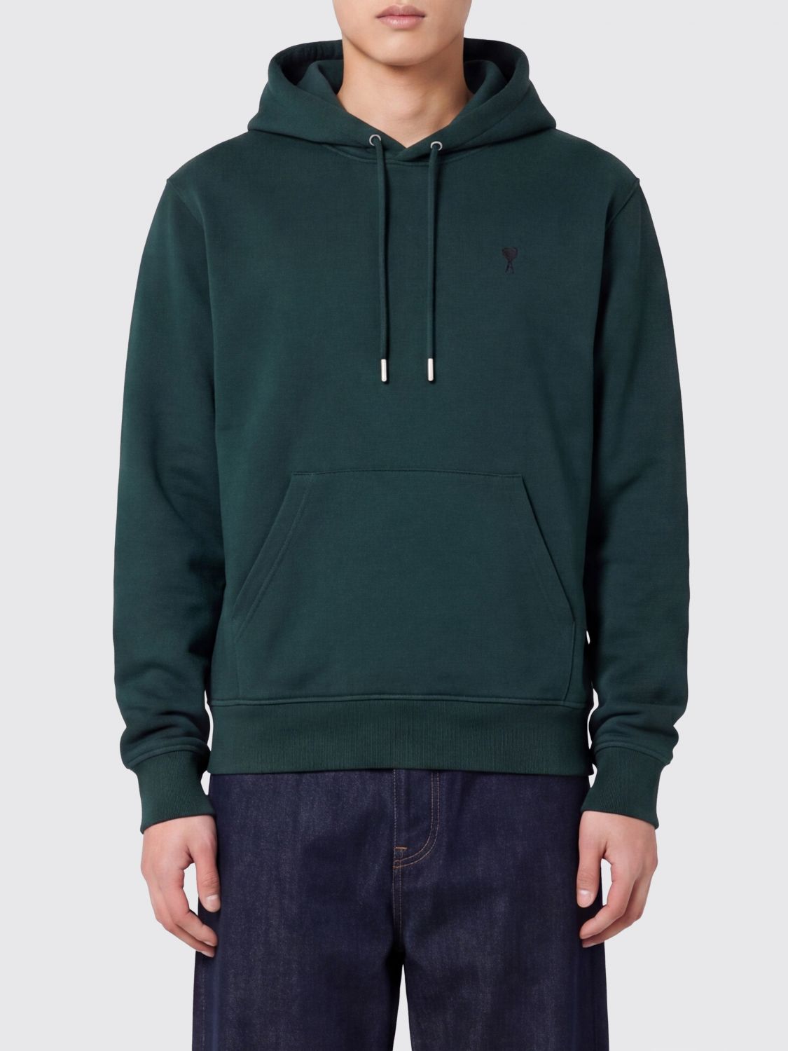 AMI PARIS Felpa con cappuccio in cotone con logo ricamato a contrasto