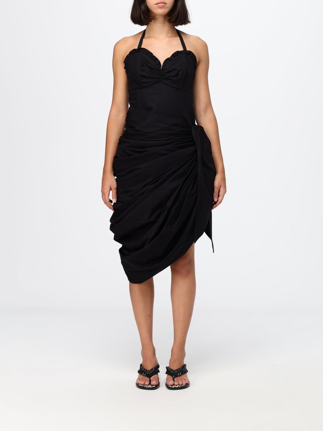 Chloé Asymmetric Draped Midi Dress in Cotton with Sweetheart Neckline · 40