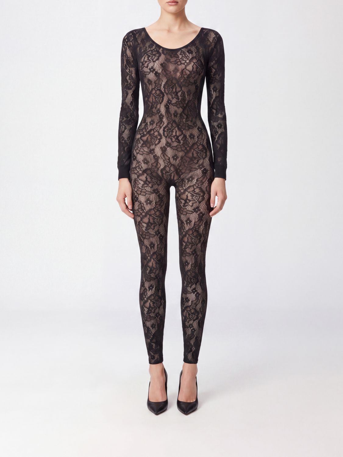 WOLFORD Slim Fit Lace Jumpsuit with Long Sleeves and Round Neck