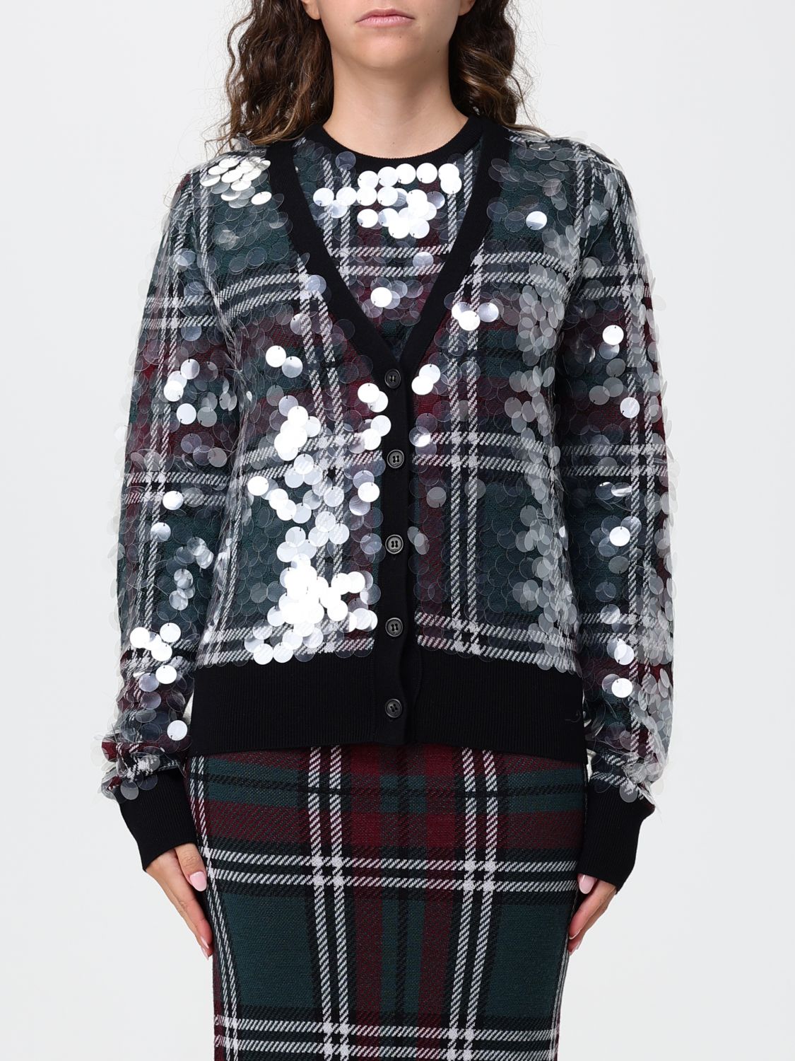 N° 21 Cardigan aus Schurwolle mit V-Ausschnitt, Tartan-Muster und Stickerei