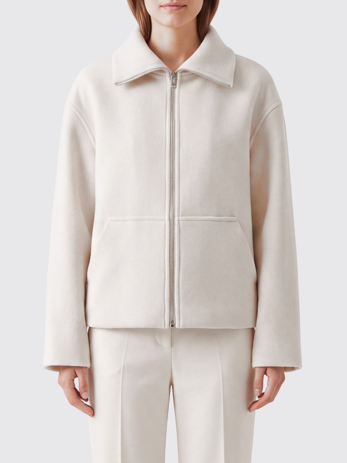 SEMICOUTURE Virgin Wool Short Coat with High Collar and Kangaroo Pocket