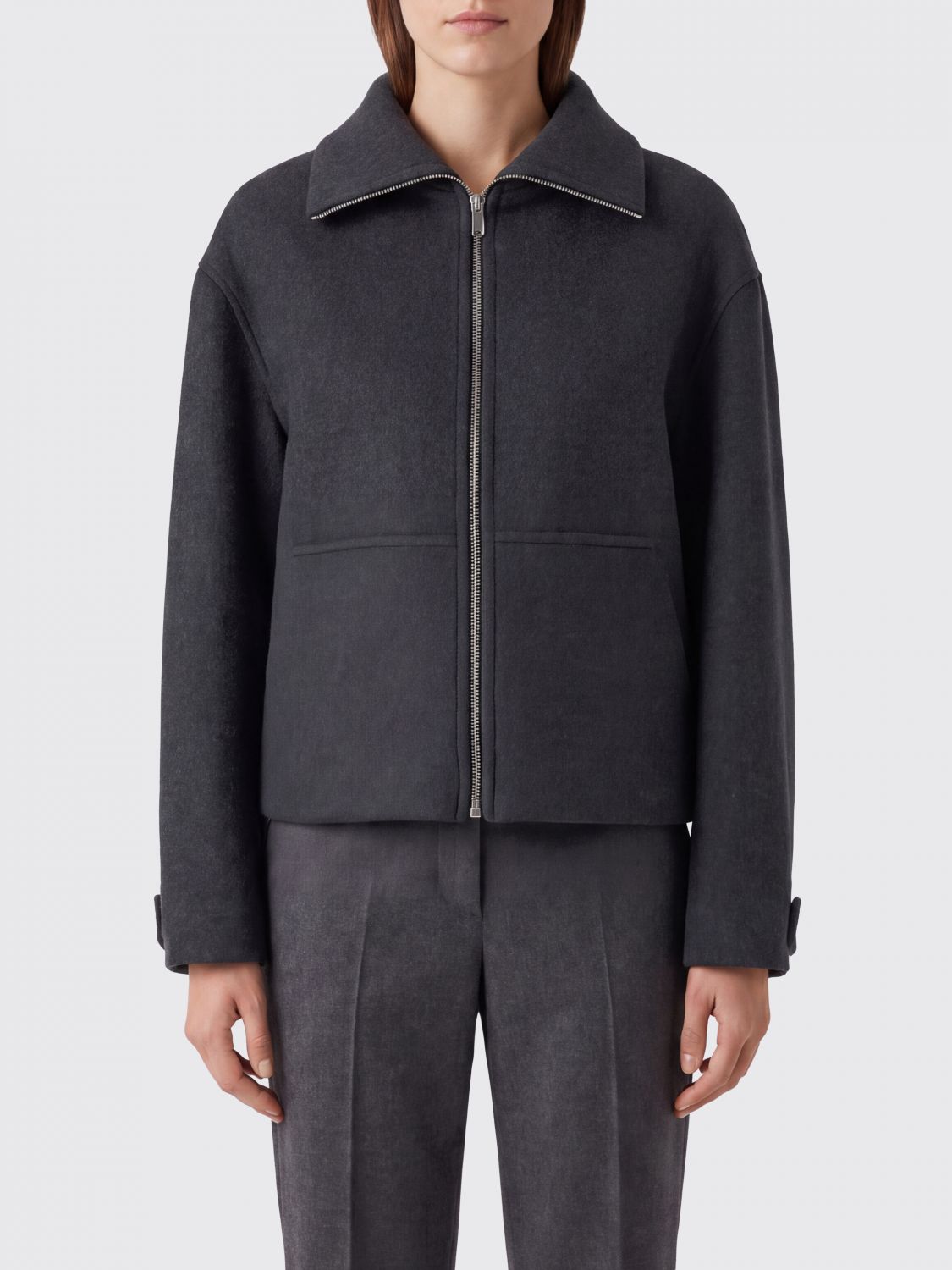 SEMICOUTURE Virgin Wool Short Coat with High Collar and Kangaroo Pocket