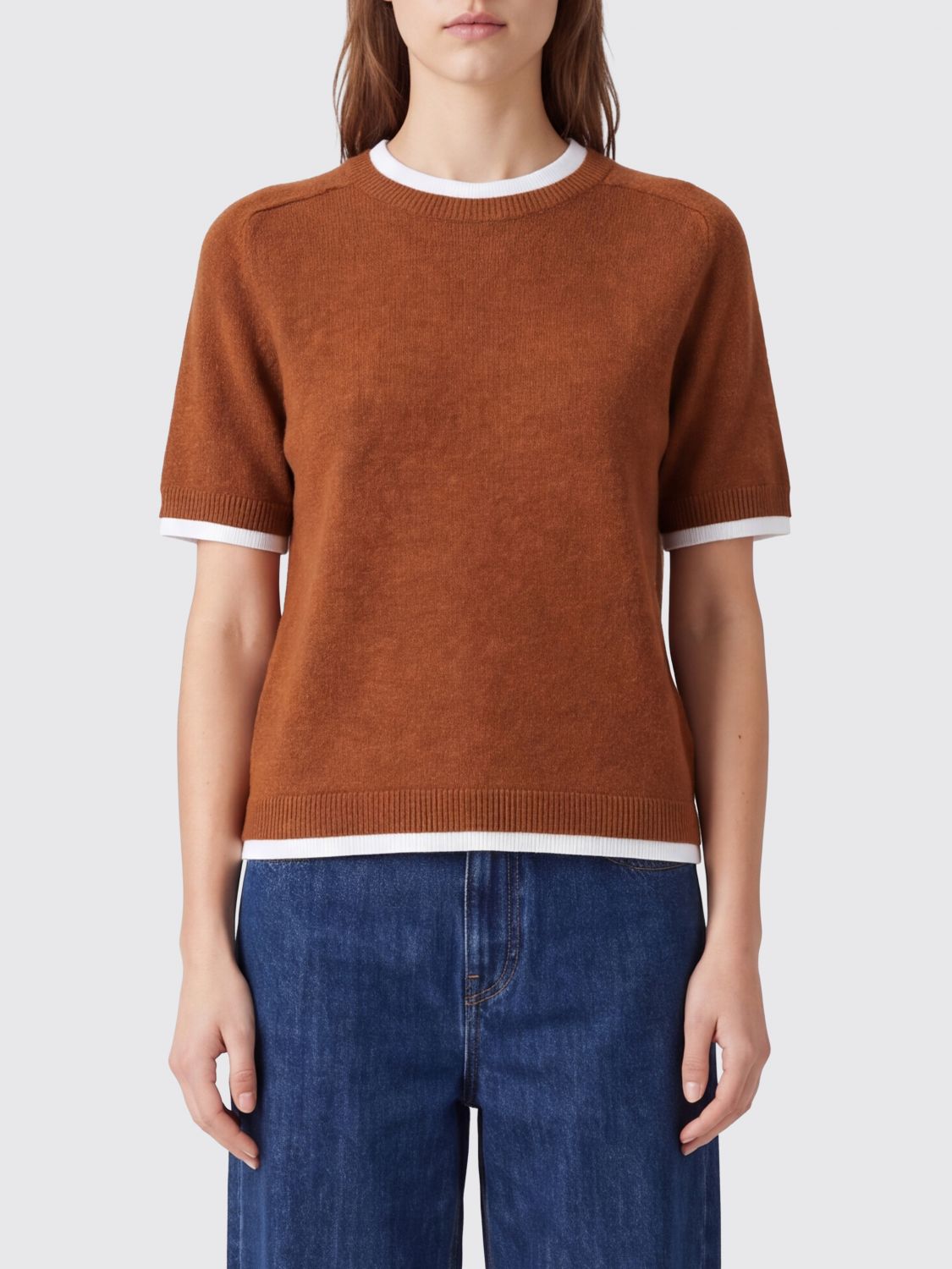 Semicouture Aida Short-sleeved Wool And Cashmere Jumper With Contrast Trims In Brown