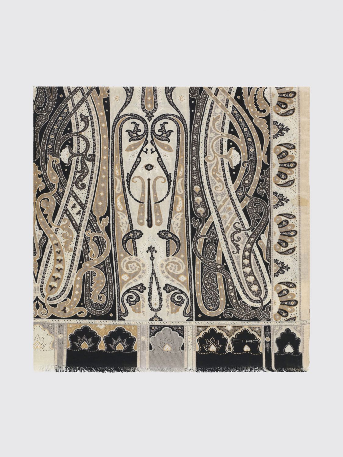 ETRO Rectangular Paisley Print Wool and Silk Scarf with Fringed Edges
