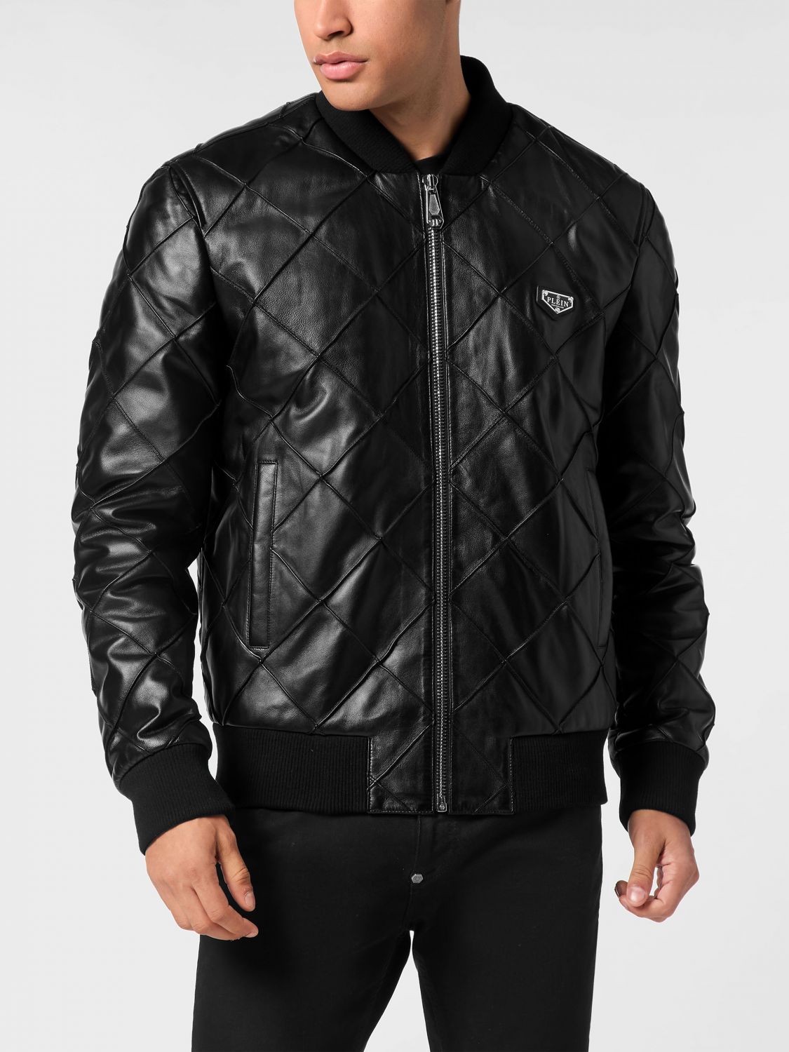 PHILIPP PLEIN Bomber in pelle trapuntata con chiusura a zip e logo applicato