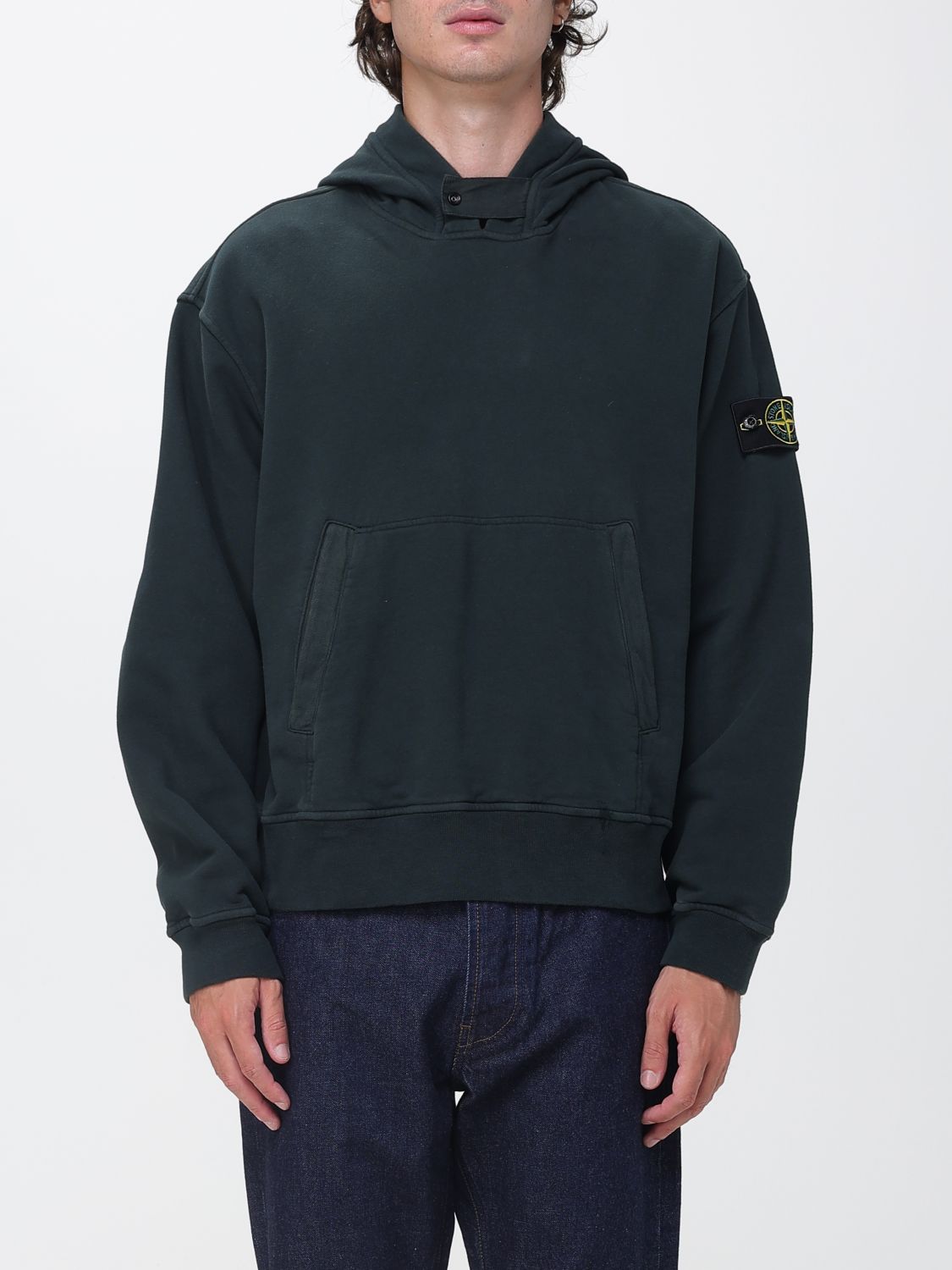 STONE ISLAND Felpa con cappuccio in cotone con tasca a marsupio e logo