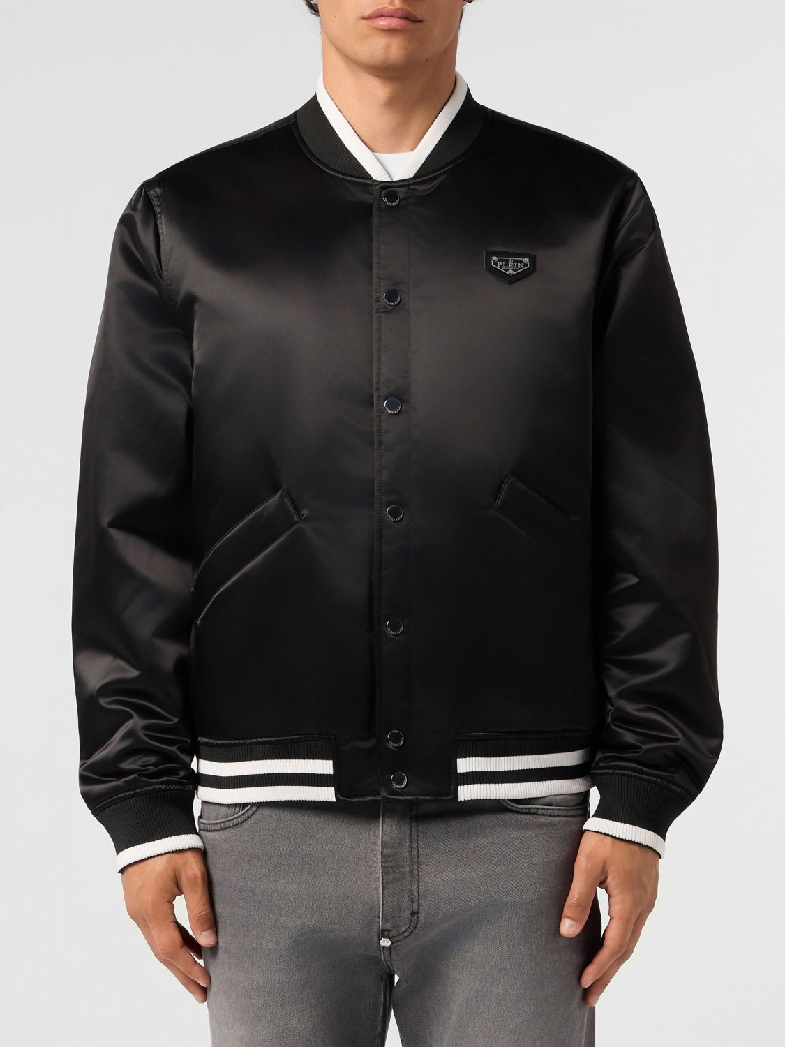 PHILIPP PLEIN Padded Satin Varsity-Style Bomber Jacket with Button Closure