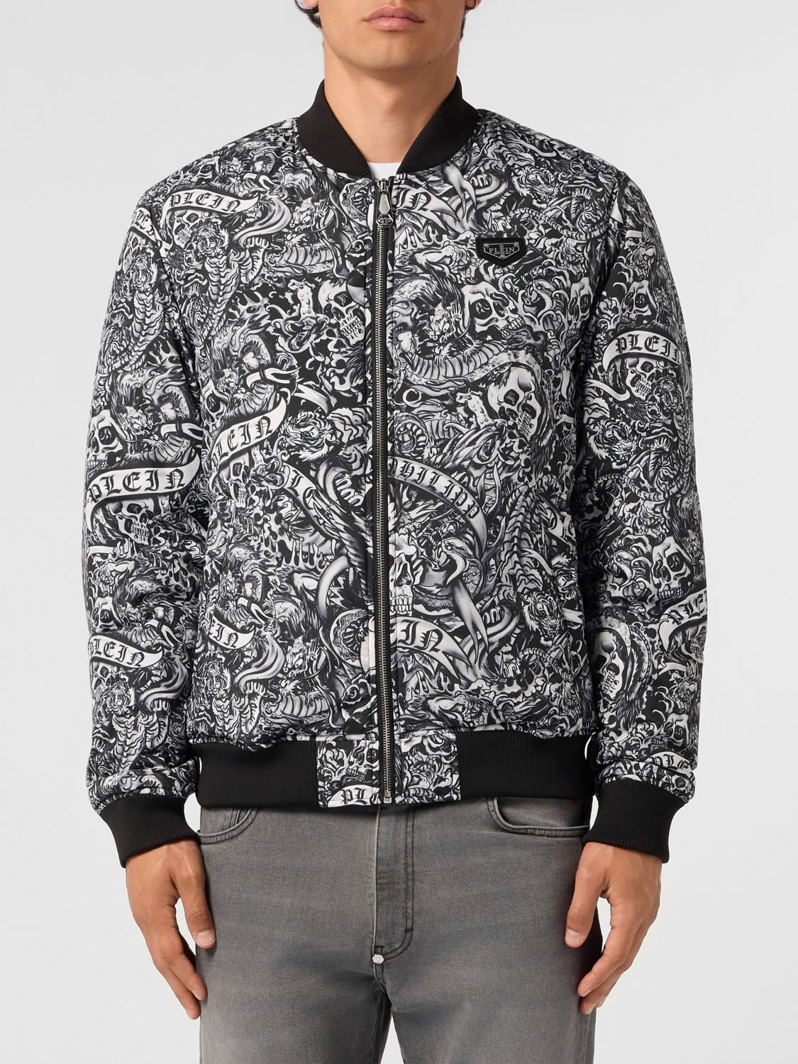 PHILIPP PLEIN Nylon Bomber Jacket with All-Over Monogram and Skull Print