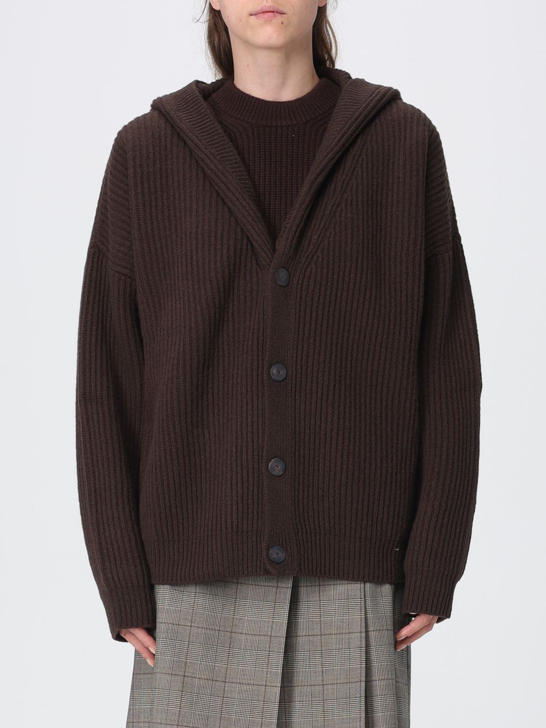 DONDUP Hooded Wool Cardigan with V-Neck and a Relaxed Fit