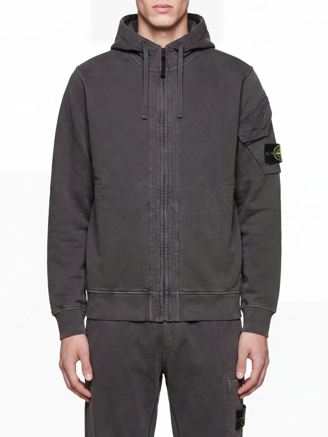 STONE ISLAND Cotton Zip-Up Hooded Jumper with Drawstring and Compass Logo