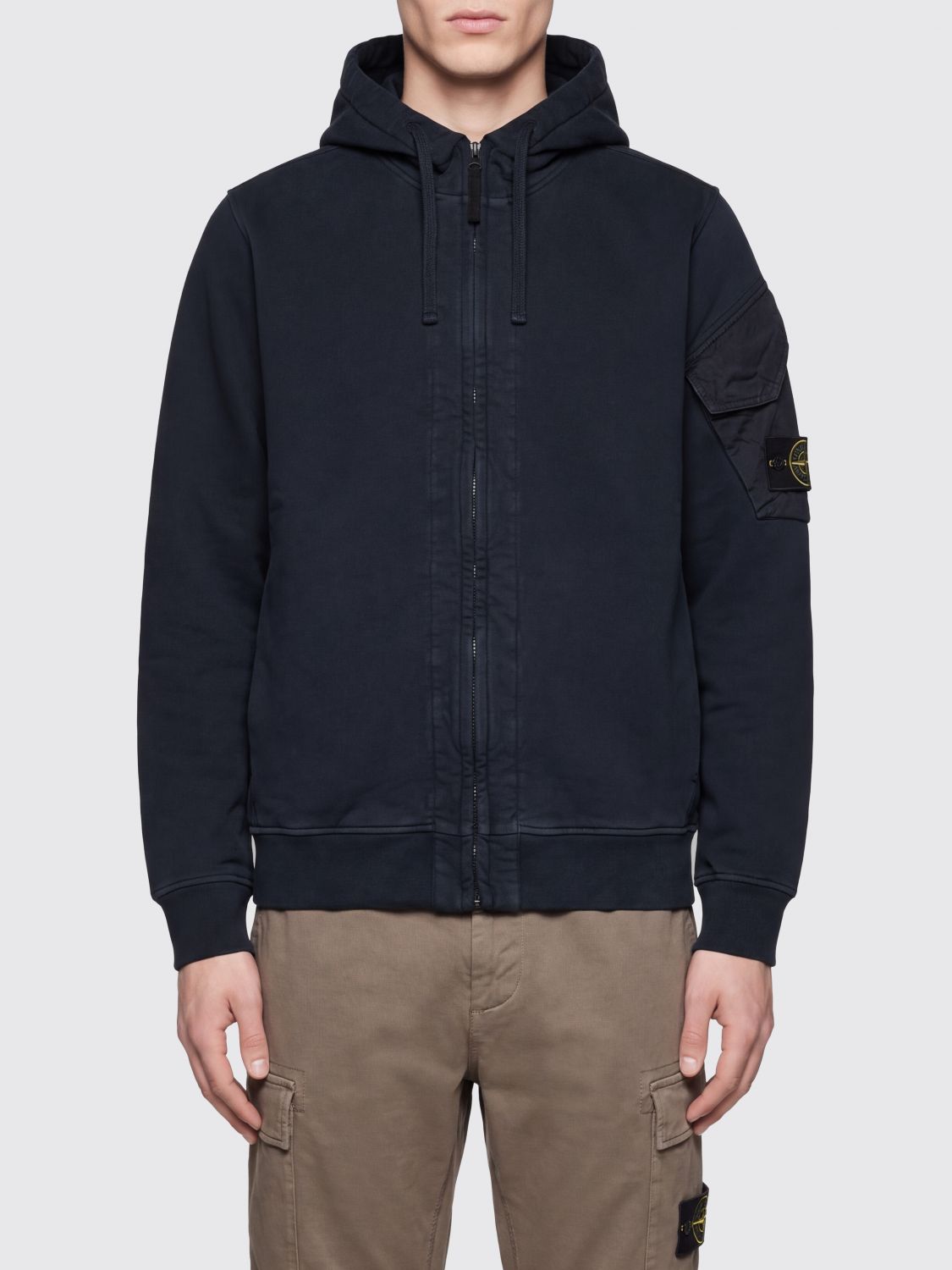 Stone Island Cotton Zip-Up Hooded Jumper with Drawstring and Compass Logo