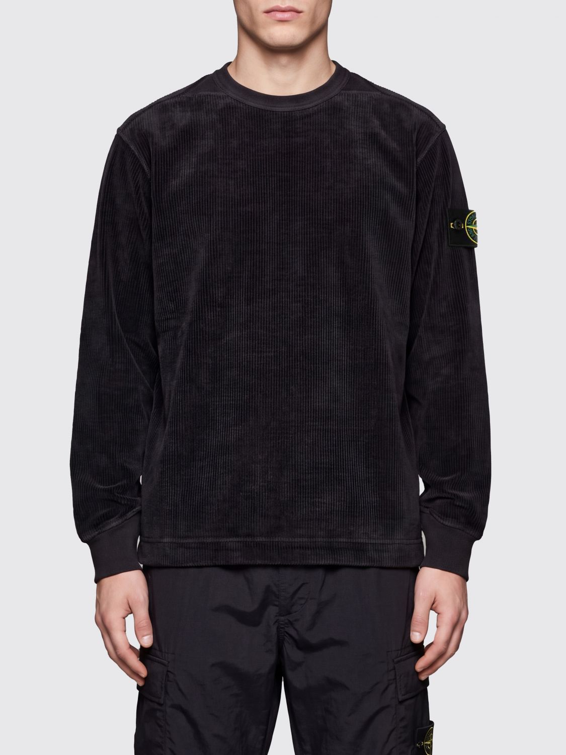 STONE ISLAND Velvet Crewneck Jumper with Ribbed Hems and Compass Logo
