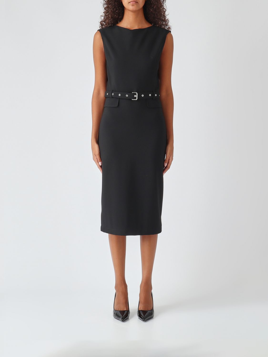PINKO Abito midi a tubino in crêpe senza maniche con cintura in vita