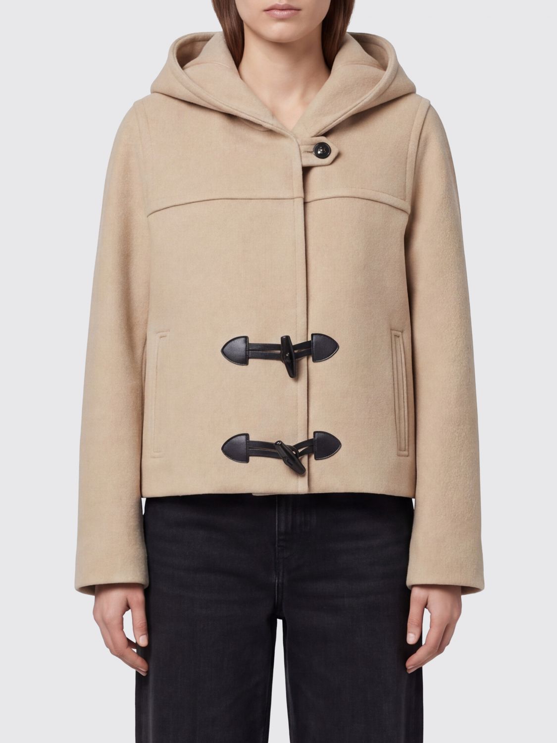 ISABEL MARANT Short Cotton Duffle Coat with Hood and Leather Inserts