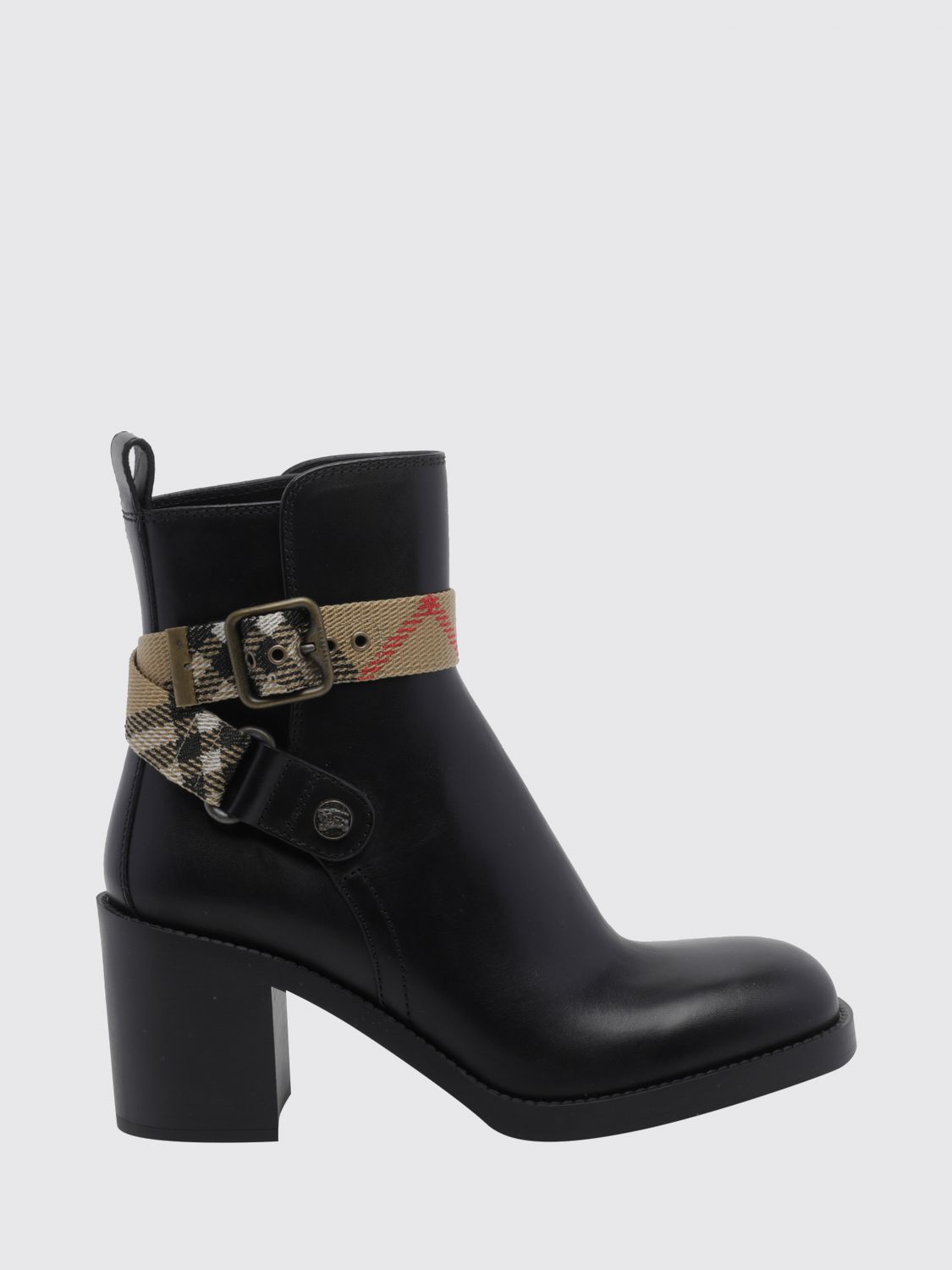 BURBERRY Huntley Vintage Check Detail Calf Leather Biker Boots