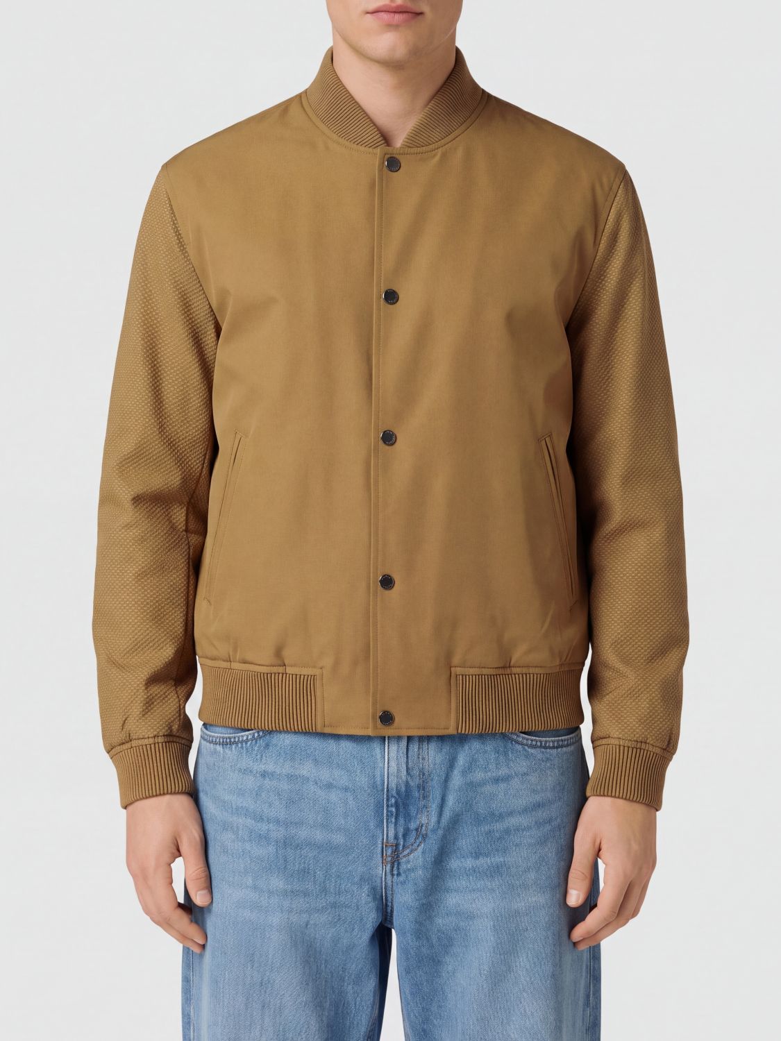 BOSS Technical Fabric Varsity Bomber Jacket with Button Closure