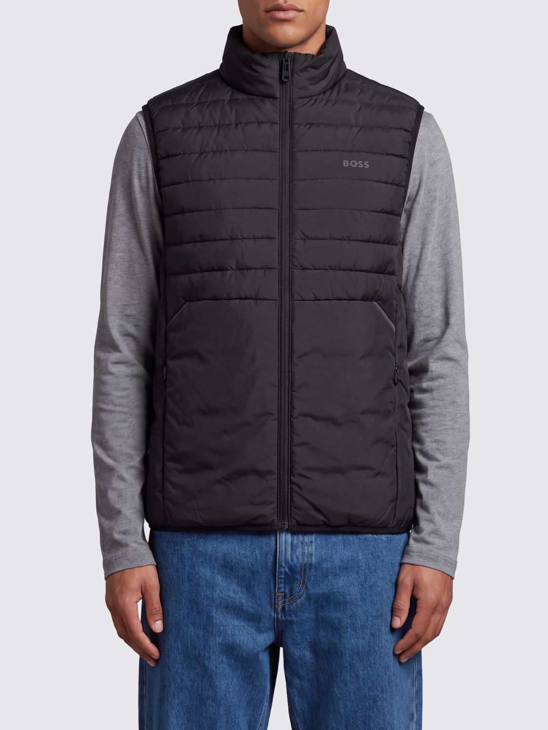BOSS Padded Gilet in Quilted Polyester with High Neck and Logo
