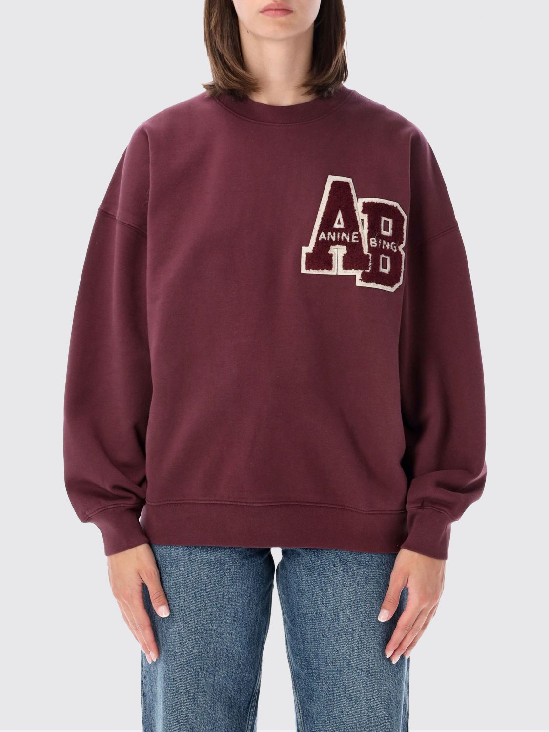 ANINE BING Relaxed Fit Cotton Crewneck Sweatshirt with Logo Patch