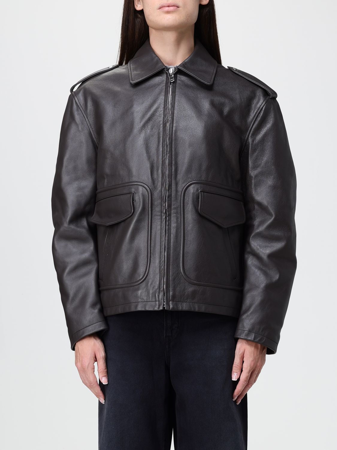 Fiorucci Leather Shirt Jacket with Back Graphic Print · S