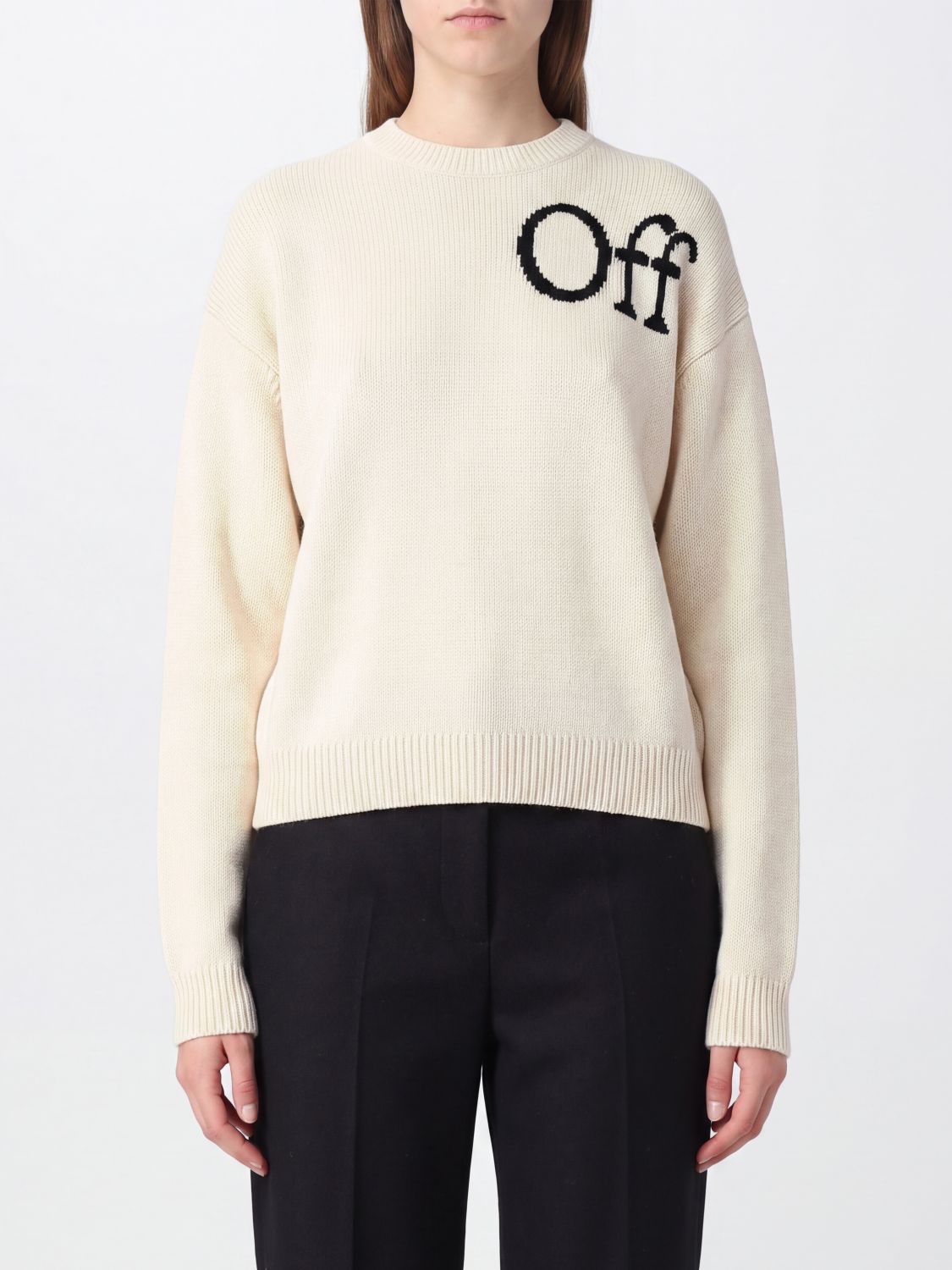 Off-White Wool Blend Crewneck Jumper with Contrast Intarsia Logo