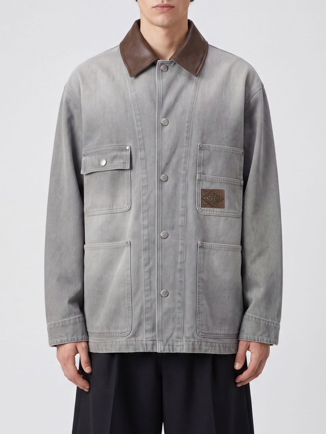 WOOYOUNGMI Cotton Denim Jacket with Leather Collar and Dropped Shoulders