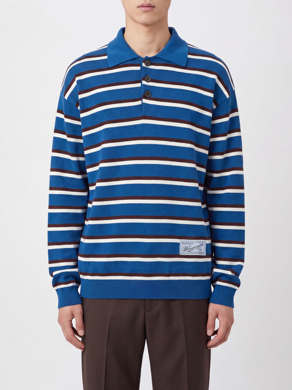 Wooyoungmi Striped Long-Sleeved Knit Polo Shirt in Viscose Blend