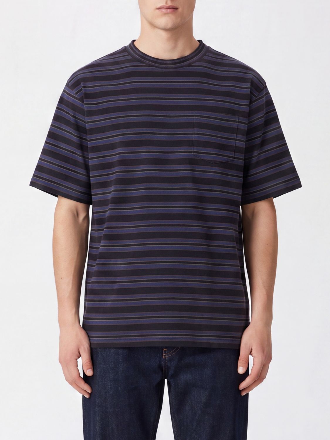 SACAI Striped Cotton T-shirt with Patch Pocket and Dropped Shoulders
