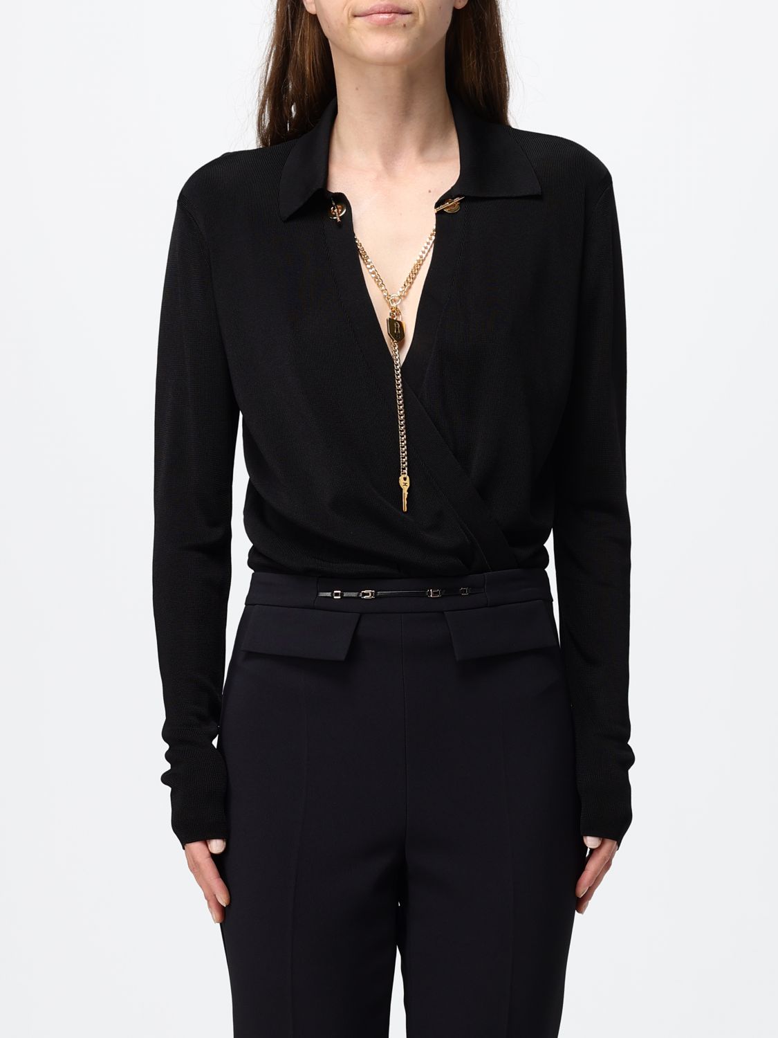 Elisabetta Franchi Long-Sleeved Blouse with Metallic Mesh Details