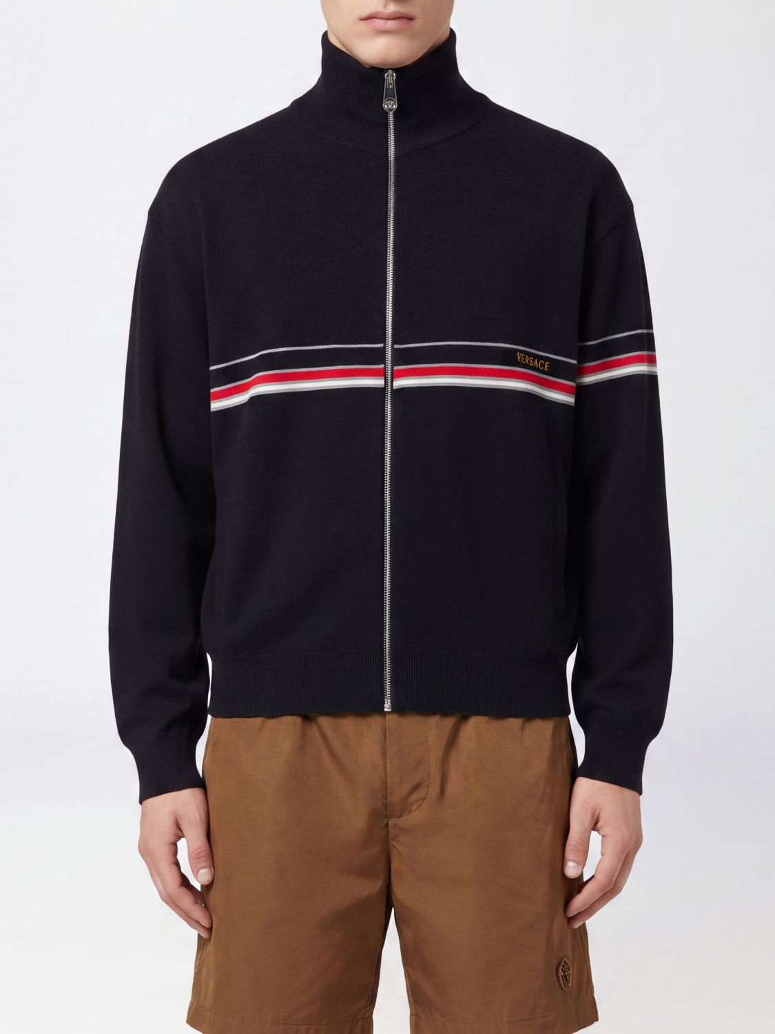 Versace Striped Cotton Turtleneck Cardigan with Zip Closure